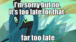 Size: 1280x720 | Tagged: safe, edit, edited screencap, screencap, queen chrysalis, changeling, changeling queen, g4, to where and back again, a better ending for chrysalis, female, former queen chrysalis, image macro, meme, sad, solo, the joker, the killing joke