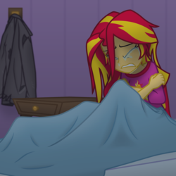 Size: 2500x2500 | Tagged: safe, artist:bootsyslickmane, sunset shimmer, equestria girls, g4, aftermath, bed, blanket, clothes, crossed arms, crying, eyes closed, female, high res, jacket, leather jacket, pajamas, solo, sunsad shimmer, table