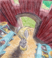 Size: 2420x2723 | Tagged: safe, artist:michiito, part of a set, derpy hooves, chicken, pegasus, pony, g4, may the best pet win, chicken coop, female, high res, mare, pencil drawing, perspective, scene interpretation, sitting, solo, traditional art