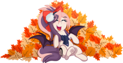 Size: 2861x1470 | Tagged: safe, artist:xwhitedreamsx, oc, oc only, oc:sweet velvet, bat pony, pony, autumn, clothes, cute, earmuffs, leaves, scarf, simple background, smiling, solo, transparent background