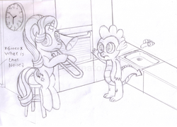 Size: 2268x1623 | Tagged: safe, artist:peternators, spike, starlight glimmer, twilight sparkle, dragon, pony, unicorn, g4, clock, dialogue, duo, frown, grayscale, kitchen, monochrome, musical instrument, sitting, sketch, stool, text, traditional art, trombone, vine video, watermark, when mama isn't home, wide eyes