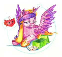 Size: 1695x1570 | Tagged: safe, artist:sentabry, princess cadance, g4, female, grin, magic, plushie, present, prone, simple background, smiling, solo, spread wings, telekinesis
