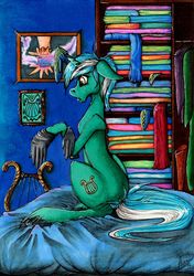 Size: 1738x2467 | Tagged: safe, artist:stirren, lyra heartstrings, pony, g4, bed, clothes, female, floppy ears, frown, funny, gloves, hand, lyre, picture, sad, silly, sitting, socks, solo, that pony sure does love hands, tongue out, traditional art, unshorn fetlocks