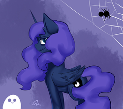 Size: 1800x1600 | Tagged: safe, artist:passigcamel, princess luna, pony, spider, g4, female, solo, spider web, spoopy