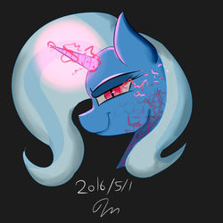 Size: 600x600 | Tagged: safe, artist:passigcamel, trixie, pony, unicorn, g4, corrupted, evil grin, female, grin, lidded eyes, looking at you, magic, simple background, slit pupils, smiling, solo