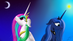 Size: 1920x1080 | Tagged: safe, artist:serghom, princess celestia, princess luna, g4, bust, crescent moon, day, floppy ears, frown, looking down, looking up, moon, night, royal sisters, sad, stars, sun
