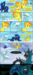 Size: 2460x5600 | Tagged: safe, artist:dangercloseart, fleetfoot, princess luna, queen chrysalis, spitfire, alicorn, changeling, changeling queen, pegasus, pony, comic:wings of fire, g4, comic, fangs, female, flying, fusion, mare, nightmare, nightmare chrysalis, nightmarified