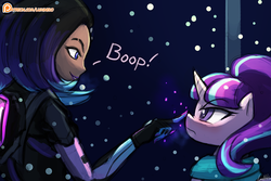 Size: 1125x750 | Tagged: safe, artist:lumineko, starlight glimmer, human, pony, unicorn, g4, angry, blushing, boop, clothes, crossover, cute, dialogue, duo, female, frown, glare, lipstick, mare, nose wrinkle, overwatch, patreon, patreon logo, scarf, signature, smiling, smirk, snow, snowfall, sombra (overwatch), that was fast, unamused