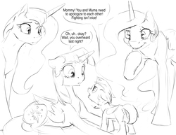 Size: 3300x2550 | Tagged: safe, artist:silfoe, princess celestia, princess luna, twilight sparkle, oc, oc:eventide glisten, alicorn, pony, other royal book, g4, alicorn oc, black and white, dialogue, female, filly, floppy ears, grayscale, high res, lesbian, looking at each other, looking down, magical lesbian spawn, mare, monochrome, next generation, offspring, open mouth, parent:princess luna, parent:twilight sparkle, parents:twiluna, raised hoof, ship:twiluna, shipping, simple background, sketch, smiling, speech bubble, twilight sparkle (alicorn), white background