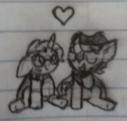 Size: 441x420 | Tagged: safe, artist:thefanficfanpony, king sombra, sunburst, g4, blushing, crack shipping, eyes closed, heart, lined paper, open mouth, shipping, sitting, sketch, smiling, somburst, traditional art