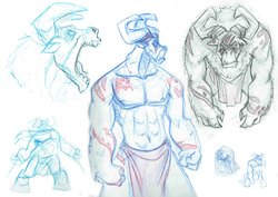 Size: 4962x3507 | Tagged: safe, artist:dracojayproduct, oc, oc only, oc:titus, minotaur, concept art, open mouth, sketch, solo