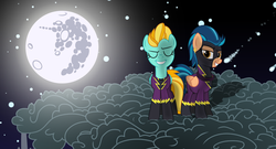Size: 2664x1436 | Tagged: safe, artist:riq12138, indigo zap, lightning dust, equestria girls, g4, clothes, costume, crystal prep shadowbolts, equestria girls ponified, mare in the moon, moon, nightmare night, ponified, shadowbolts, shadowbolts costume, wallpaper
