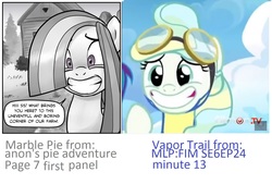 Size: 1334x902 | Tagged: safe, artist:pencils, edit, screencap, marble pie, rainbow dash, vapor trail, earth pony, pony, g4, top bolt, comparison, female, mare, smiling