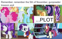 Size: 777x492 | Tagged: safe, edit, edited screencap, screencap, applejack, fluttershy, linky, moondancer, pinkie pie, rarity, shoeshine, starlight glimmer, twilight sparkle, amending fences, applebuck season, g4, leap of faith, ppov, spice up your life, sweet and elite, to where and back again, 5th of november, apple, applejack's hat, bonfire night, butt, caption, cowboy hat, female, food, guy fawkes day, hat, i watch it for the plot, mare, meme, plot, smiling, sweet apple acres