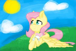 Size: 970x660 | Tagged: safe, artist:ideekai, angel bunny, fluttershy, g4, duo, looking away, looking up, lying down, smiling, spread wings