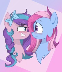 Size: 520x600 | Tagged: source needed, safe, artist:latte.dreams, flitterheart, star swirl, pony, g4, bedroom eyes, blushing, bow, female, flitterswirl, hair bow, lesbian, looking at each other, mare, shipping, smiling