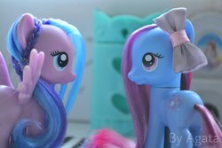 Size: 1280x854 | Tagged: safe, artist:latte.dreams, flitterheart, star swirl, g4, bow, brushable, female, flitterswirl, irl, lesbian, mare, photo, shipping, toy