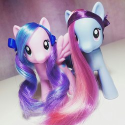 Size: 1080x1080 | Tagged: safe, artist:latte.dreams, flitterheart, star swirl, g4, bow, brushable, female, flitterswirl, irl, lesbian, mare, photo, shipping, toy