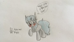 Size: 4032x2325 | Tagged: safe, artist:professionalpuppy, oc, oc only, oc:rue, blushing, cute, solo, traditional art