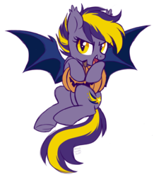 Size: 2218x2539 | Tagged: safe, artist:hawthornss, oc, oc only, oc:blazing star, bat pony, pony, bat pony oc, cute little fangs, fangs, flying, high res, jack-o-lantern, looking at you, open mouth, pumpkin, simple background, smiling, solo, spread wings, transparent background, underhoof