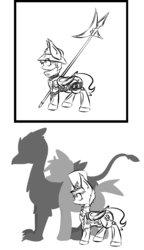 Size: 700x1218 | Tagged: safe, artist:cantershirecommons, oc, oc only, oc:long shot, bat pony, pony, armor, grayscale, guard, halberd, monochrome, size comparison, weapon