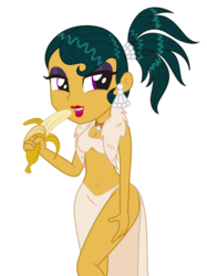 Size: 765x1024 | Tagged: safe, artist:conikiblasu-fan edits, cleopatra jazz, earth pony, dungeons and discords, equestria girls, g4, my little pony: friendship is magic, banana, bedroom eyes, belly button, bra, breasts, cleavage, clothes, crop top bra, cropped, equestria girls-ified, female, food, holding, lipstick, looking back, midriff, open mouth, side slit, simple background, solo, thighs, transparent background, underboob, underwear, vector