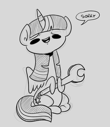 Size: 1280x1472 | Tagged: safe, artist:benja, twilight sparkle, alicorn, pony, g4, beady eyes, dialogue, female, grayscale, looking at you, monochrome, open mouth, sitting, sketch, solo, sorry, speech bubble, spread wings, twilight sparkle (alicorn), wrench