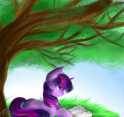Size: 1250x1180 | Tagged: safe, artist:pinkymynery2212, twilight sparkle, g4, book, female, reading, relaxing, signature, solo, tree