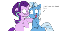 Size: 1600x817 | Tagged: safe, artist:thegreatanpowerful, starlight glimmer, trixie, pony, unicorn, g4, :3, cheek squish, cute, dialogue, diatrixes, eye contact, female, floppy ears, glimmerbetes, lesbian, looking at each other, mare, missing cutie mark, nuzzling, open mouth, raised hoof, ship:startrix, shipping, simple background, sitting, smiling, squishy cheeks, text, white background, wide eyes
