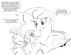 Size: 1320x1020 | Tagged: safe, artist:silfoe, princess luna, twilight sparkle, oc, oc:eventide glisten, alicorn, pony, other royal book, g4, alicorn oc, black and white, cute, dialogue, female, grayscale, heartwarming, hug, lesbian, magical lesbian spawn, mare, monochrome, offspring, parent:princess luna, parent:twilight sparkle, parents:twiluna, ship:twiluna, shipping, silfoe is trying to murder us, simple background, speech bubble, twilight sparkle (alicorn), white background