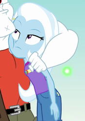 Size: 286x408 | Tagged: safe, screencap, bulk biceps, trixie, equestria girls, g4, my little pony equestria girls: legend of everfree, cropped, duo, faic, hug, trixie is not amused, unamused