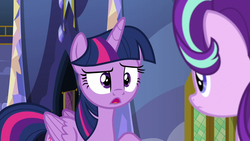 Size: 1280x720 | Tagged: safe, screencap, starlight glimmer, twilight sparkle, alicorn, changeling, pony, g4, to where and back again, disguise, disguised changeling, fake twilight, twilight sparkle (alicorn)