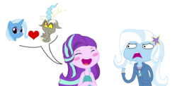 Size: 1605x782 | Tagged: safe, artist:alberbrony, discord, starlight glimmer, trixie, equestria girls, g4, blushing, bust, crack shipping, equestria girls-ified, eyes closed, faic, floppy ears, heart, lip bite, looking at you, looking up, male, open mouth, shipper on deck, shipping, simple background, smiling, smirk, starlight shipper, straight, trixcord, twiface, white background