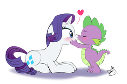 Size: 1200x791 | Tagged: safe, artist:pia-sama, rarity, spike, dragon, pony, unicorn, g4, blushing, cute, duo, eyes closed, female, floppy ears, heart, kiss on the lips, kissing, male, mare, nose wrinkle, prone, ship:sparity, shipping, simple background, straight, surprise kiss, surprised, white background