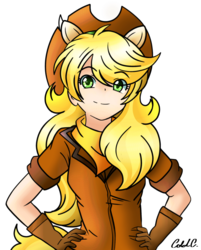 Size: 1739x2160 | Tagged: safe, artist:ciderpunk, derpibooru exclusive, oc, oc only, oc:applesunrise, human, clothes, cowboy hat, eared humanization, hand on hip, hat, humanized, humanized oc, looking at you, scarf, simple background, smiling, solo, tailed humanization, white background
