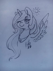 Size: 2448x3264 | Tagged: safe, artist:red_moonwolf, princess celestia, g4, bust, cute, cutelestia, female, high res, one eye closed, smiling, solo, spread wings, sun, traditional art, wink