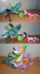 Size: 1500x2746 | Tagged: safe, queen chrysalis, spike, starlight glimmer, armor, badass, cape, clothes, dragon armor, fight, guardians of harmony, irl, knight, lance, male, misadventures of the guardians, photo, protecting, riding, shipping, sparlight, spikezilla, starlight glimmer riding spike, straight, toy, victory, weapon