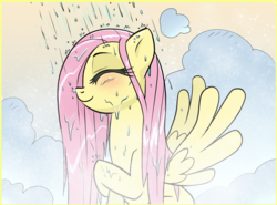 Size: 1168x863 | Tagged: safe, artist:pencils, fluttershy, pegasus, pony, g4, blushing, cute, eyes closed, female, mare, shower, shyabetes, smiling, solo, wet mane