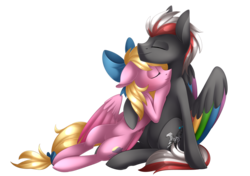 Size: 2277x1605 | Tagged: safe, artist:scarlet-spectrum, oc, oc only, oc:bay breeze, oc:mahx, pegasus, pony, bahx, commission, cuddling, cute, duo, eyes closed, male, simple background, smiling, straight, transparent background