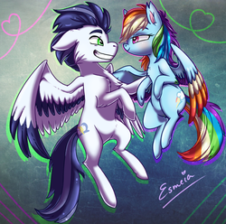 Size: 759x754 | Tagged: safe, artist:esmeia, rainbow dash, soarin', pegasus, pony, g4, chest fluff, ear fluff, female, looking at each other, male, mare, ship:soarindash, shipping, smiling, stallion, straight