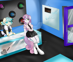 Size: 1024x869 | Tagged: safe, artist:scarletheartarts, coco pommel, sweetie belle, oc, oc:cocobot, robot, anthro, unguligrade anthro, g4, breasts, busty sweetie belle, canon x oc, clothes, cute, female, music, necktie, pleated skirt, shipping, skirt, socks, working