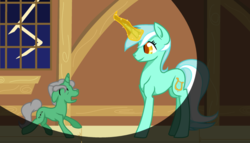 Size: 1024x586 | Tagged: safe, artist:hovesoffire48, lyra heartstrings, oc, oc:emerald symphony, pony, unicorn, g4, colt, eyes closed, female, foal, glowing horn, horn, lightning, magic, male, mare, mother and son, open mouth, scared, window