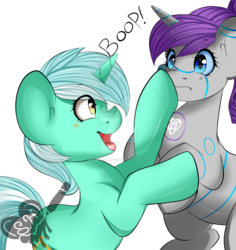 Size: 1024x1083 | Tagged: safe, artist:scarletheartarts, lyra heartstrings, oc, oc:raribot, pony, robot, robot pony, g4, blushing, boop, canon x oc, looking at each other, open mouth, shipping, silly, simple background, smiling, watermark, white background