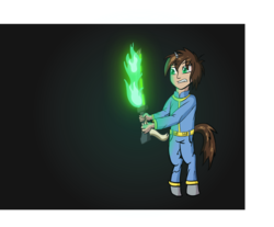 Size: 3176x2629 | Tagged: safe, artist:awesometheweirdo, edit, oc, oc only, oc:sharp shot, pony, satyr, fallout equestria, bipedal, crossover, fallout, fire, high res, offspring, parent:oc:littlepip, solo, sword, weapon