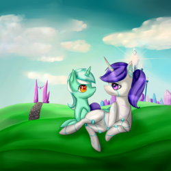 Size: 5000x5000 | Tagged: safe, artist:rainbow-marble, lyra heartstrings, oc, oc:raribot, pony, robot, robot pony, g4, absurd resolution, blushing, canon x oc, cloud, crystal empire, honeymoon, lidded eyes, marriage, married couple, shipping, sky, smiling, vacation