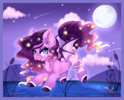 Size: 1600x1295 | Tagged: safe, artist:pvrii, oc, oc only, oc:luminary lust, bat pony, pony, cattails, cloud, moon, night, reeds, solo, water