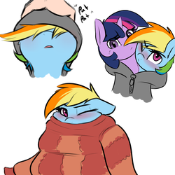 Size: 1200x1200 | Tagged: safe, artist:captainpudgemuffin, rainbow dash, twilight sparkle, pony, unicorn, blushing, captainpudgemuffin is trying to murder us, clothes, cute, dashabetes, drawthread, female, floppy ears, hoodie, lesbian, lidded eyes, looking at you, mare, one eye closed, open mouth, oversized clothes, petting, shared clothing, shipping, simple background, sweater, twidash, white background