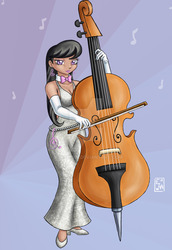 Size: 800x1161 | Tagged: safe, artist:yunsildin, octavia melody, human, g4, bow (instrument), bowtie, breasts, cello, cleavage, clothes, dress, evening gloves, female, gloves, humanized, musical instrument, solo, watermark