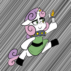 Size: 576x576 | Tagged: safe, artist:pembroke, sweetie belle, g4, buttercup (powerpuff girls), clothes, collar, crossover, dress, female, fire, jewelry, lighter, meanie belle, solo, the powerpuff girls