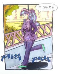 Size: 850x1097 | Tagged: artist needed, safe, starlight glimmer, human, g4, dialogue, female, hand in pocket, humanized, korean, open mouth, solo, walking